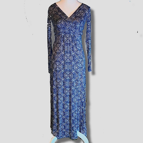 Ella Moss Black Blue and Grey Long Sleeve Maxi Dress BOHO Fall Warm Soft - Picture 2 of 9